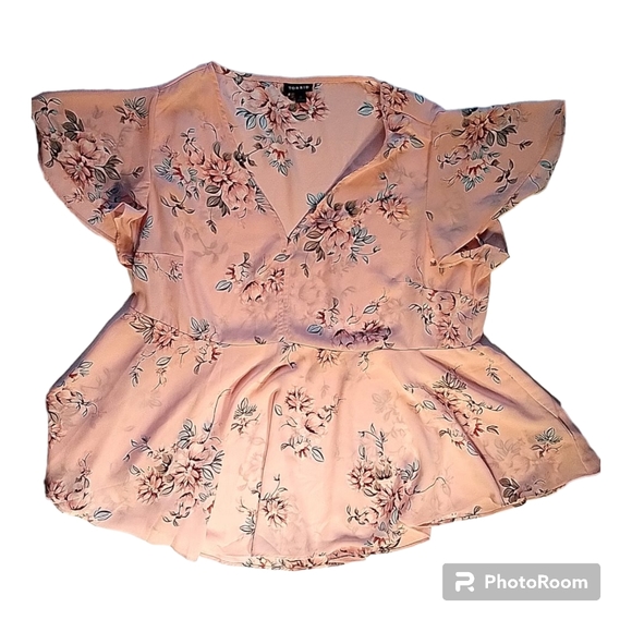 Torrid Babydoll Georgette Floral V Neck Flutter Sleeve Peplum Hem Top Pink Sz 0 - Picture 3 of 6